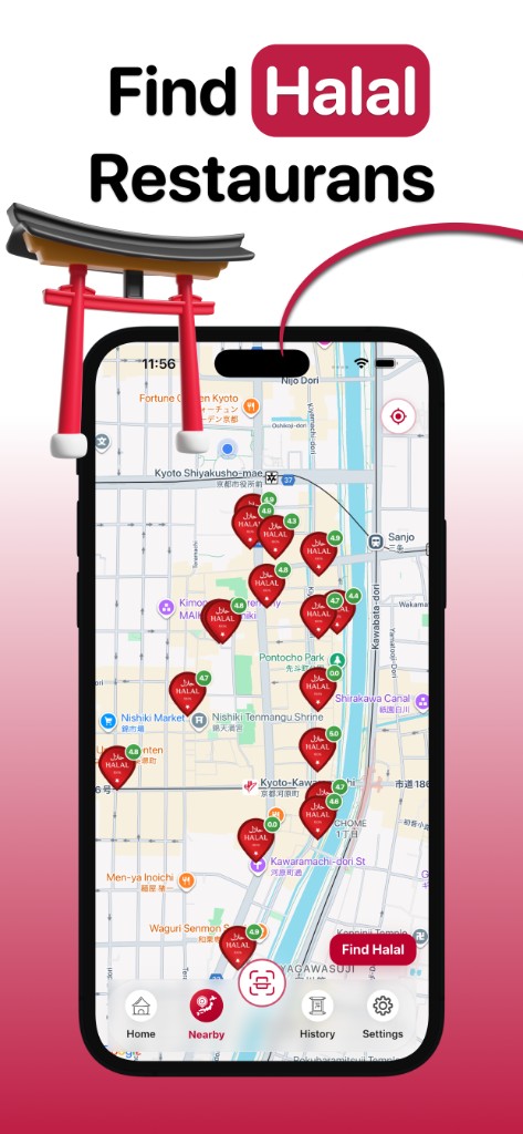 Find Halal Restaurants — map showing halal-certified restaurants in Kyoto, Japan