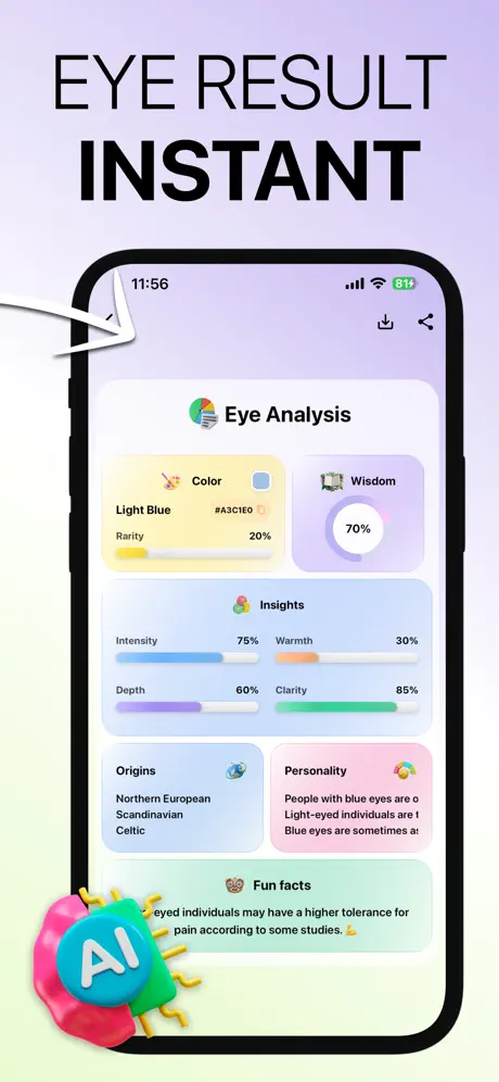 Iris AI instant eye analysis result — color, hex code, rarity, insights, origins and personality