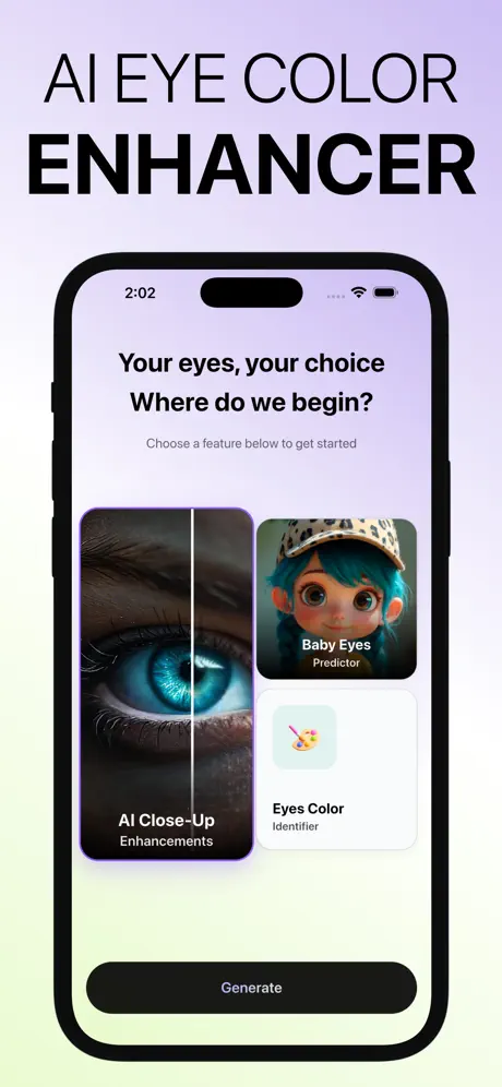 Iris AI eye color enhancer — AI close-up enhancement and eye color features
