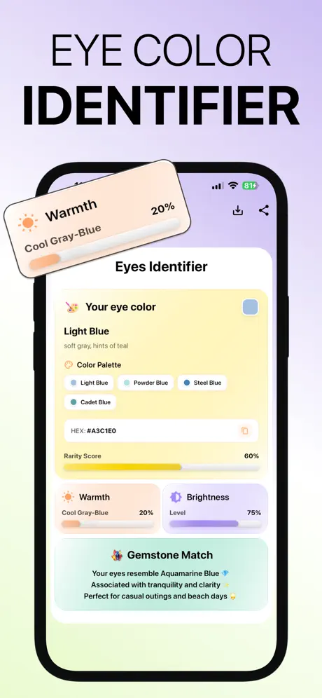 Iris AI eye color identifier — detailed color palette, rarity score, warmth and gemstone match